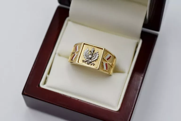 WYJĄTKOWY ZŁOTY SYGNET Z ORŁEM I FLAGAMI 585 9,63G R27