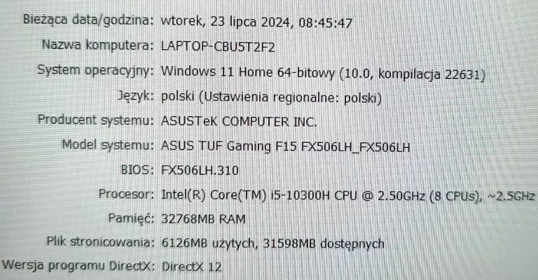 LAPTOP ASUS TUF GAMING F15 32GB/512GB 15 GTX 1650 KOMPLET