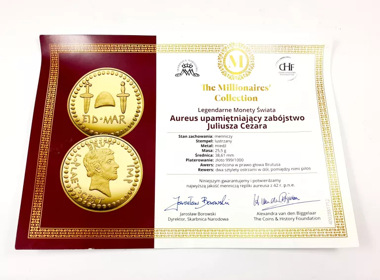 2 MONETY AUREUS UPAMIĘTNIAJĄCY ZABÓJSTWO JULIUSZA CEZARA + CERTYFIKAT