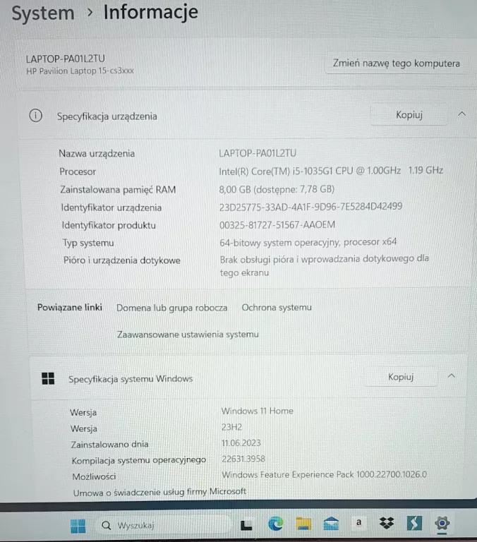 LAPTOP HP PAVILION 15-CS3029NW I5 8GB RAM