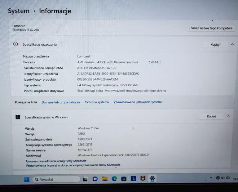 LENOVO THINKBOOK 15 G2 ARE AMD RYZEN 3 4300U 8 GB 256 GB FHD WINDOWS 11 PR