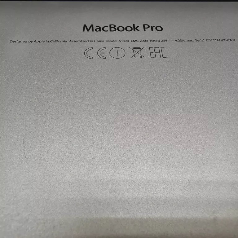 LAPTOP MACBOOK PRO A1398 + LADOWARKA 16GB/256GB