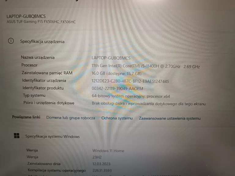 LAPTOP GAMINGOWY ASUS TUF F15