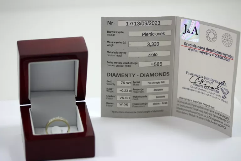 ZŁOTA OBRĄCZKA 585 WYSADZANA DIAMENTAMI 0,23CT ROZMIAR 17 CERTYFIKAT