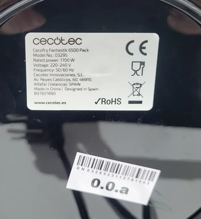 CECOTEC CECOFRY FANTASTIK 6500 6.5L BEZOLEJOWA FRYTOWNICA POWIETRZNA, 1700