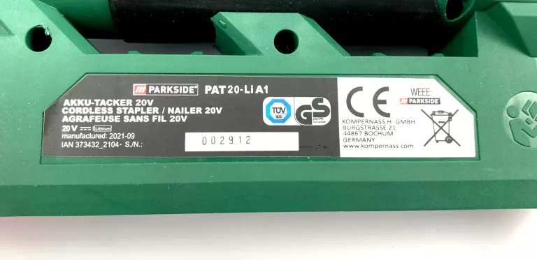 PARKSIDE AKUMULATOROWY ZSZYWACZ PAT 20-LI A1 20V