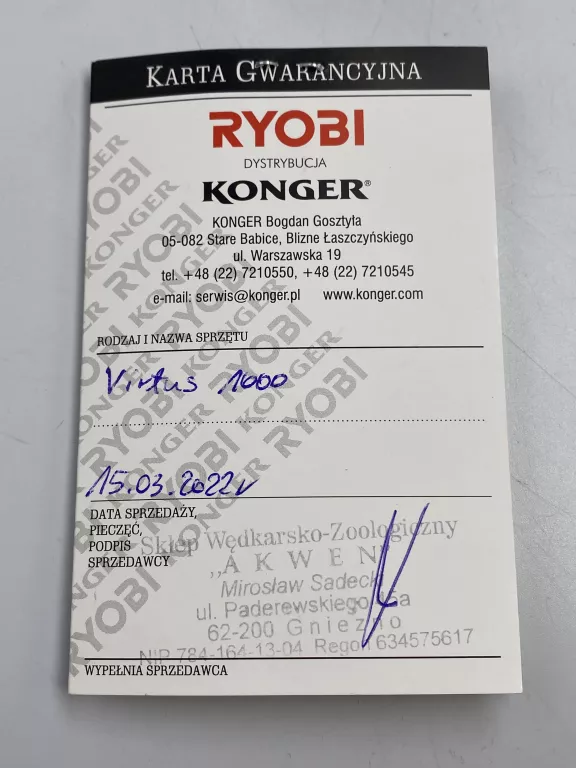 KOŁOWROTEK RYOBI VIRTUS 1000 GWARANCJA