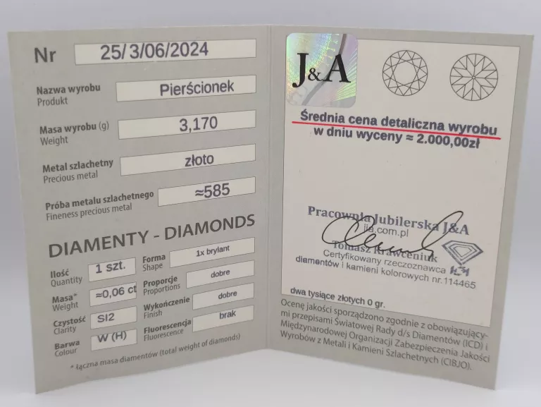 ZŁOTY PIERŚCIONEK Z BRYLANTEM 0,06CT - 585 14K R.9 3,17G