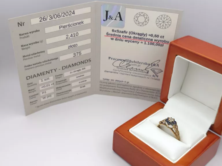 ZŁOTY PIERŚCIONEK Z DIAMENTEM I SZAFIRAMI - 375 9K R.15 2,41G
