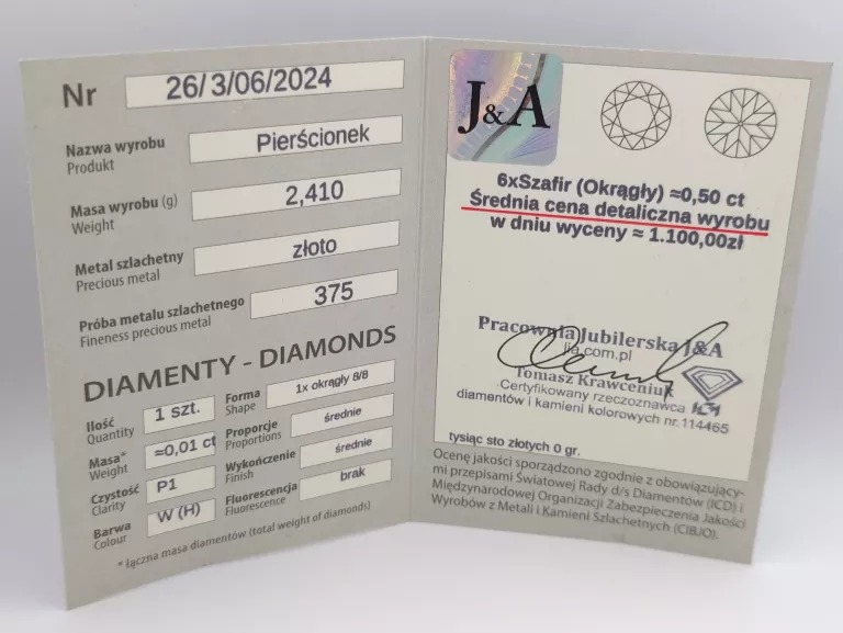 ZŁOTY PIERŚCIONEK Z DIAMENTEM I SZAFIRAMI - 375 9K R.15 2,41G