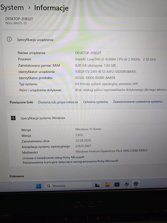 ACER NITRO 5 N20C1 I5 8/512GB KARTA GRAFICZNA POKAZUJE BŁAD