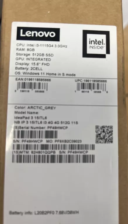 LAPTOP LENOVO IDEAPAD 3-15 15,6 " INTEL CORE I3 8 GB / 512 GB SZARY GWARAN