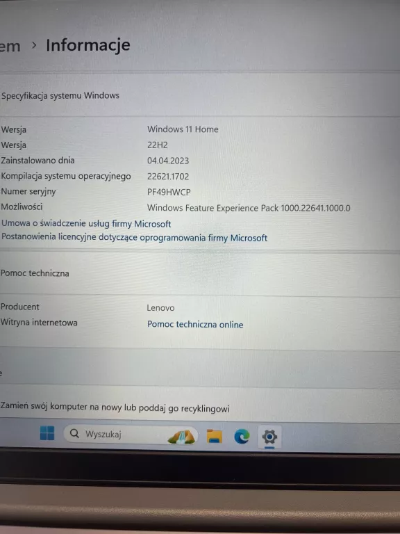 LAPTOP LENOVO IDEAPAD 3-15 15,6 " INTEL CORE I3 8 GB / 512 GB SZARY GWARAN