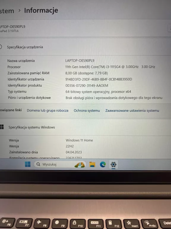LAPTOP LENOVO IDEAPAD 3-15 15,6 " INTEL CORE I3 8 GB / 512 GB SZARY GWARAN