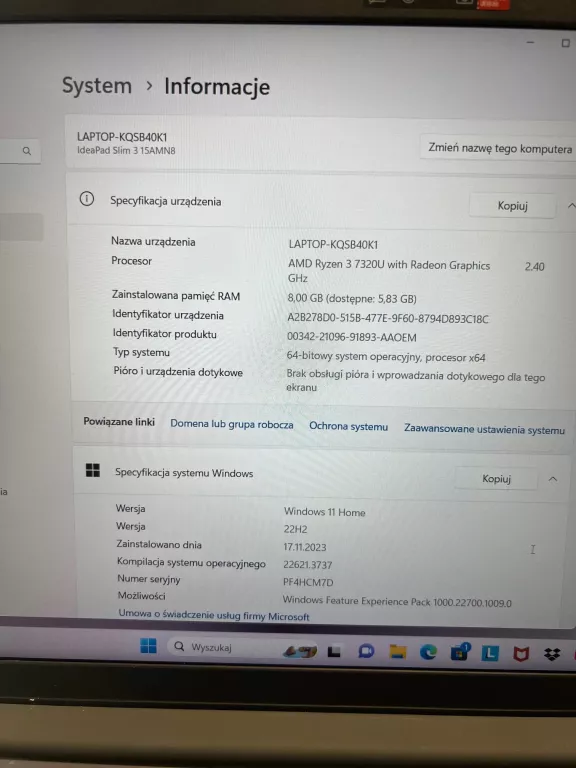LAPTOP LENOVO IDEAPAD SLIM 3 15AMN8/PUDEŁKO