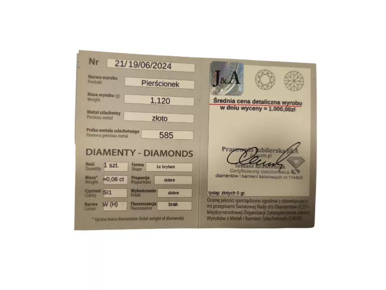 ZŁOTY PIERŚCIONEK Z DIAMENTEM 585 1,12G R. 13