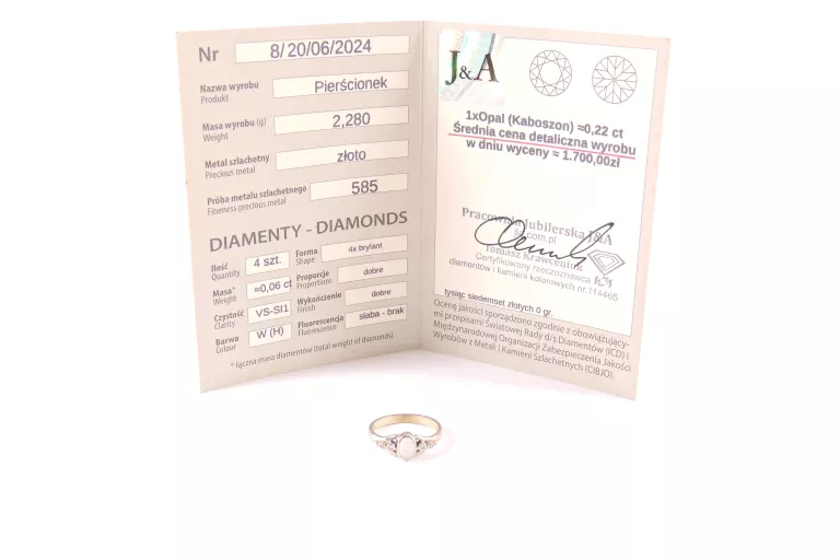 PIĘKNY ZŁOTY PIERŚCIONEK OPAL BRYLANTY 585 2,29G R. 13