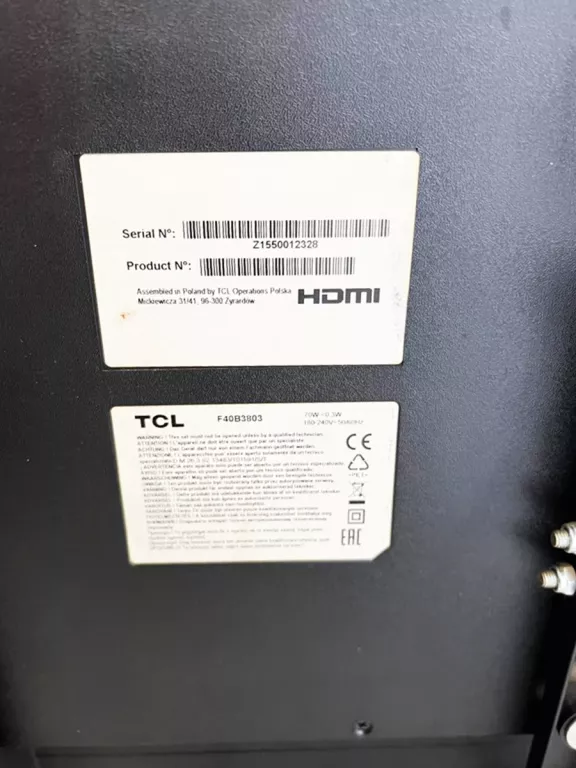 TELEWIZOR LED TCL F40B3803 40 CALI FULL HD/ OD GÓRY ŚCIEMNIONY EKRAN