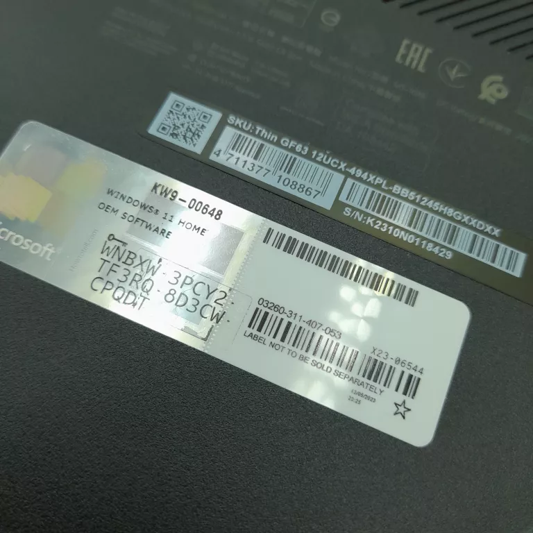 LAPTOP MSI THIN GF63 12UCX 512 GB 8 GB I5 12450H RTX2050/4GB 15,6 WIN11