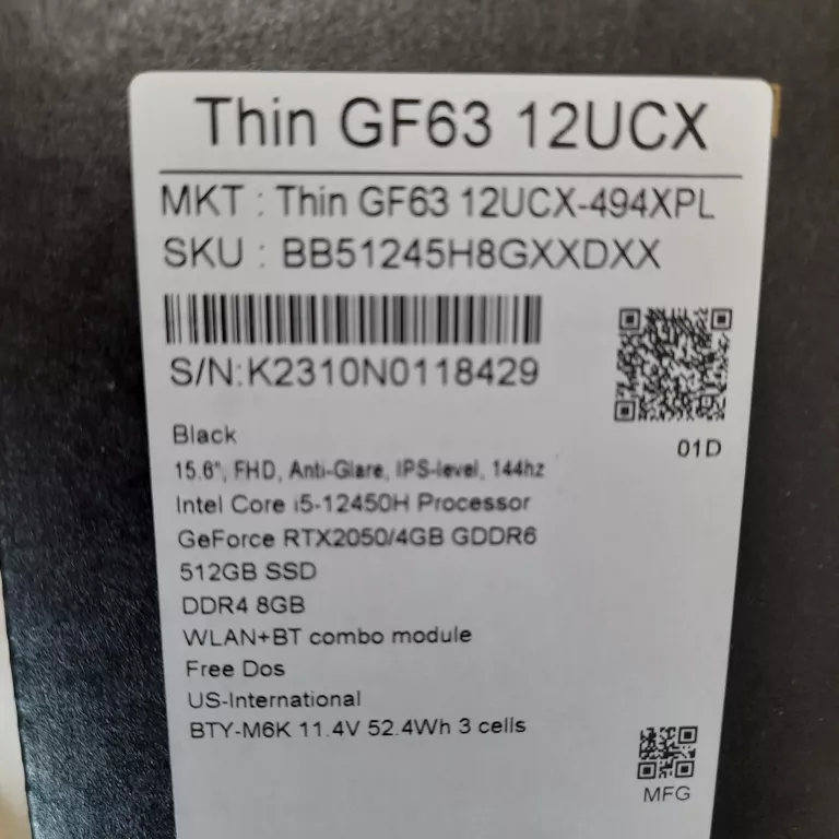 LAPTOP MSI THIN GF63 12UCX 512 GB 8 GB I5 12450H RTX2050/4GB 15,6 WIN11