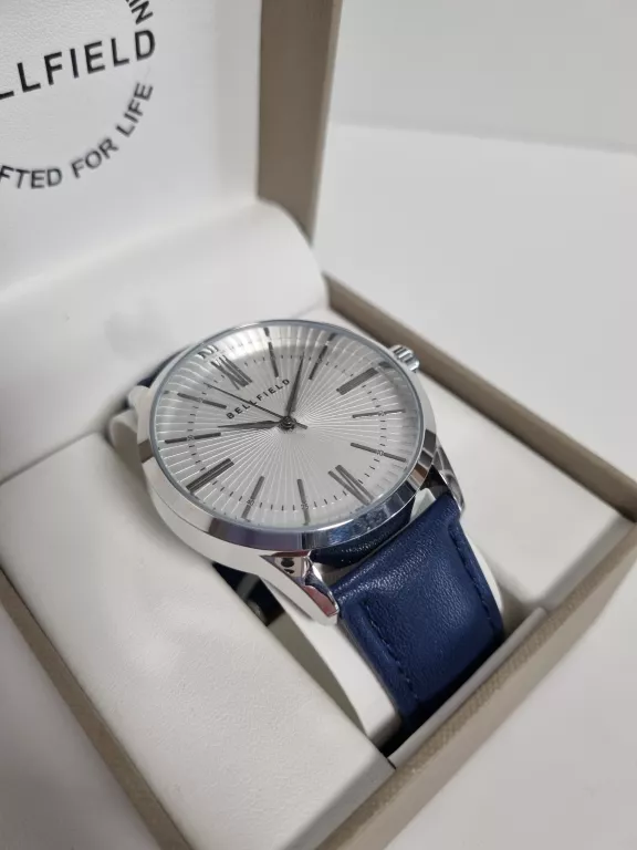 ZEGAREK MĘSKI BELLFIELD NA SKÓRZANYM PASKU NIEBIESKI W PUDEŁKU 42 MM