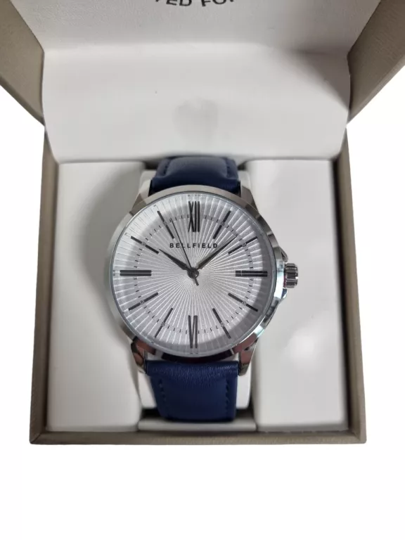 ZEGAREK MĘSKI BELLFIELD NA SKÓRZANYM PASKU NIEBIESKI W PUDEŁKU 42 MM