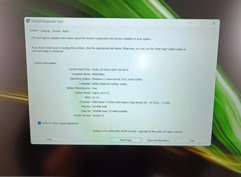 LAPTOP ACER ASPIRE 3 A315-23 ŁADOWARKA PUDEŁKO