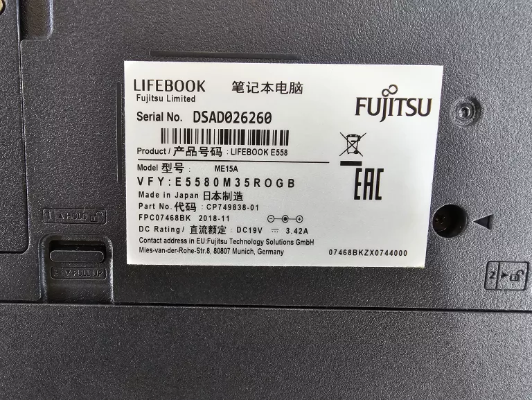 LAPTOP FUJITSU LIFEBOOK E558 INTEL I5-8250U 16GB 256GB SSD FULL HD WIN10PR