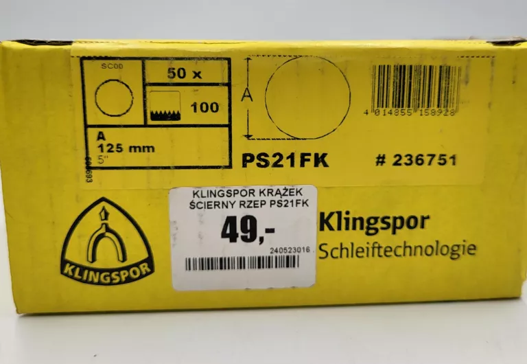 KLINGSPOR KRĄŻEK ŚCIERNY RZEP PS21FK 125MM P100 50 SZTUK #236751