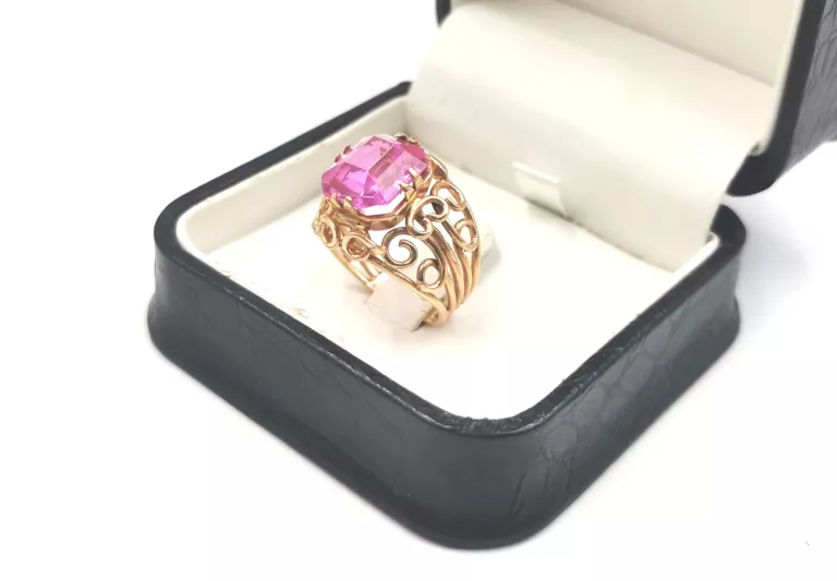 ZŁOTY  PIERŚCIONEK Z RÓŻOWYM KAMIENIEM PRÓBY 583