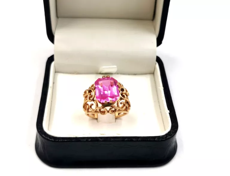 ZŁOTY  PIERŚCIONEK Z RÓŻOWYM KAMIENIEM PRÓBY 583