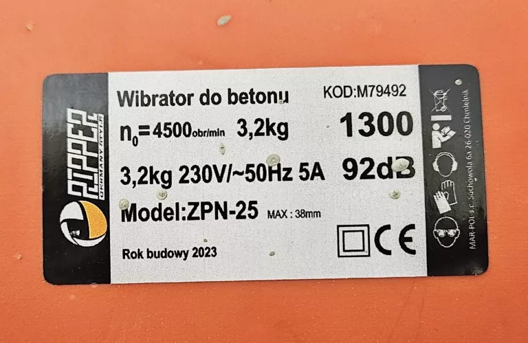 WIBRATOR DO BETONU RIPPER 1250 W 4500 OBR./MIN