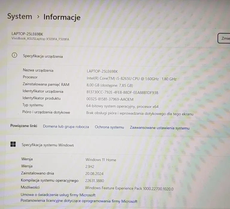 LAPTOP ASUS F509F 256GB 8GB I5-8265U OPIS