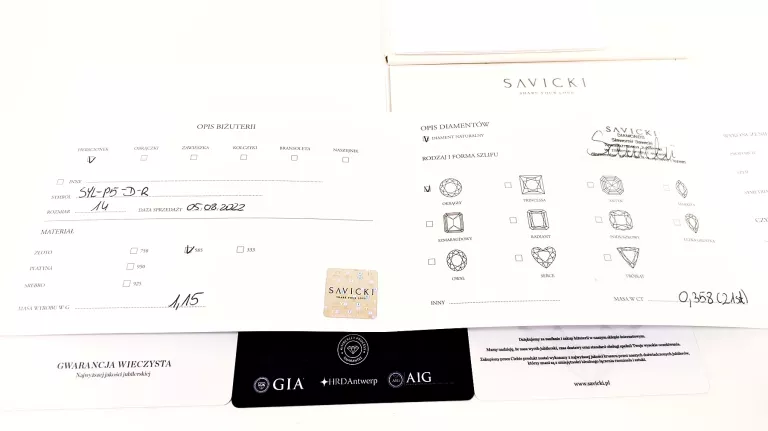 ZŁOTY PIERŚCIONEK Z DIAMENTEM SAVICKI 1,15G 585P R14 PUDEŁKO CERTYFIKAT