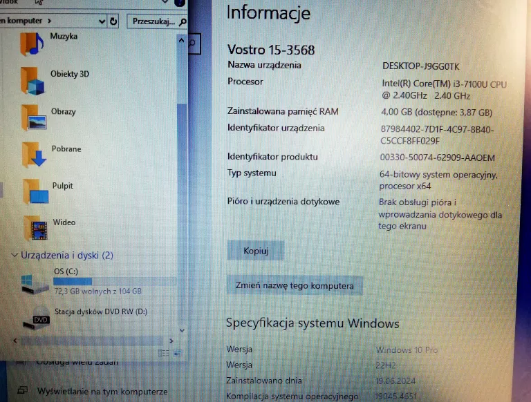 LAPTOP DELL VOSTRO 15 I3-7GEN/4GB RAM/128GB SSD/INTEGRA
