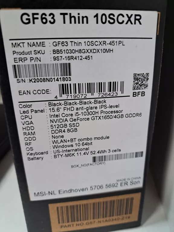 LAPTOP MSI GF63 THIN 10SCXR / I5-10 GEN / 8GB RAM / 512GB SSD / GTX 1650