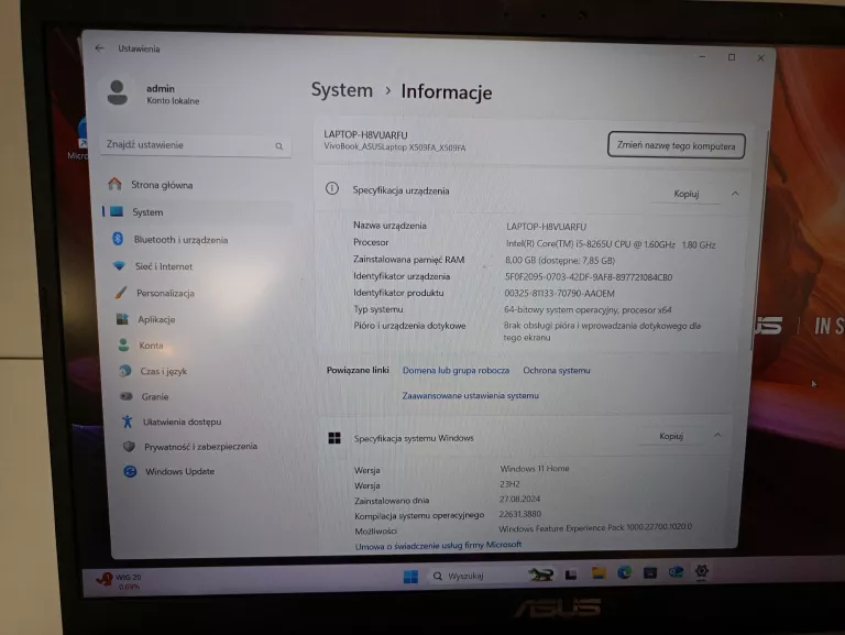 LAPTOP ASUS 509F INTEL CORE I5 8/512GB WIN11 +ZASILACZ