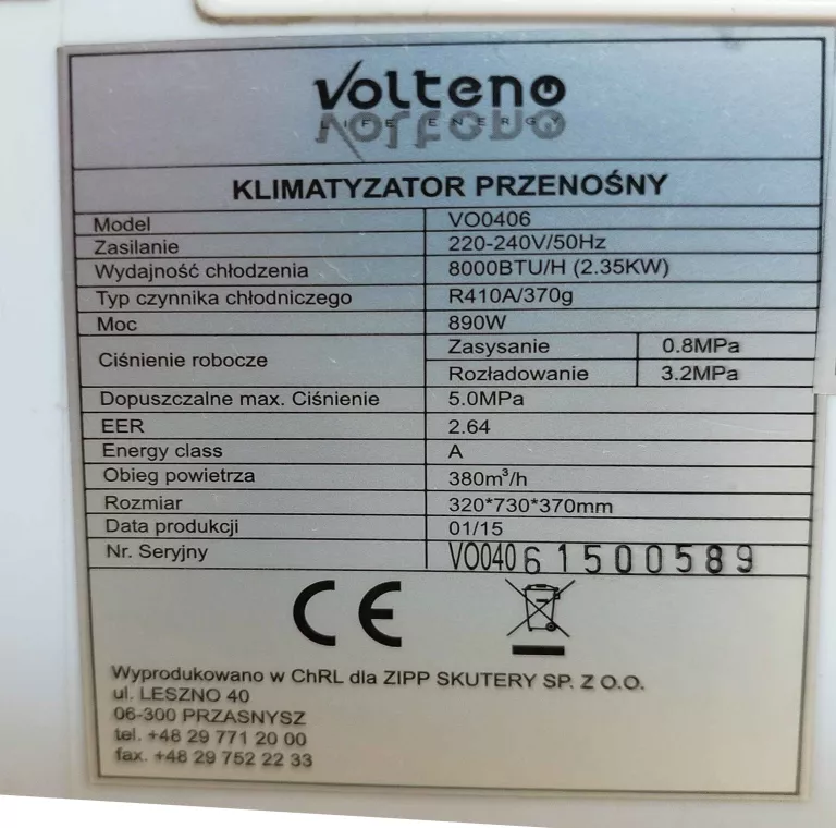 KLIMATYZATOR PRZENOŚNY VOLTENO VO0406 2,35KW 890W