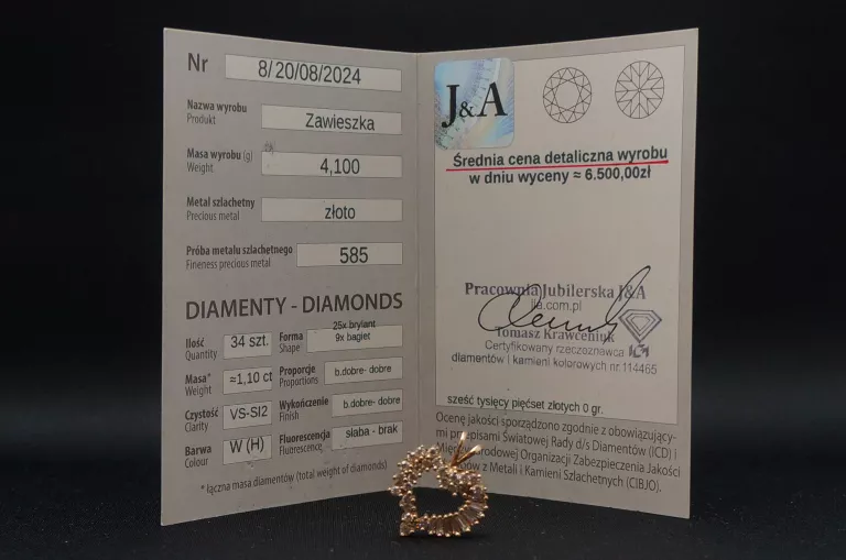 ZŁOTA ZAWIESZKA 585 4,10G Z DIAMENTAMI 34 SZT
