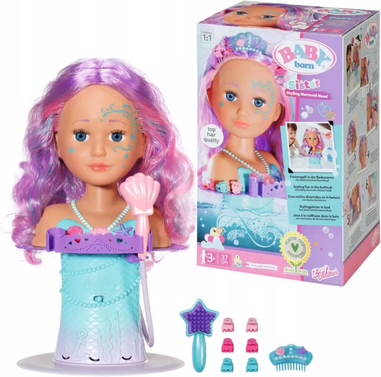 BABY BORN SISTER STYLING MERMAID HEAD BATH DOLL WIELOBARWNY