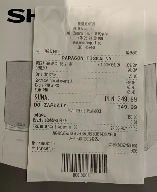 WIEŻA SHARP XL-B512 BK CZARNY BLUETOOTH GW JAK NOWA