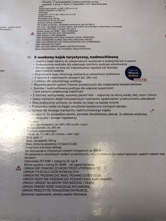 CRIVIT KAJAK TURYSTYCZNY 2 OSOBOWY NADMUCHIWANY 340 X 103 CM