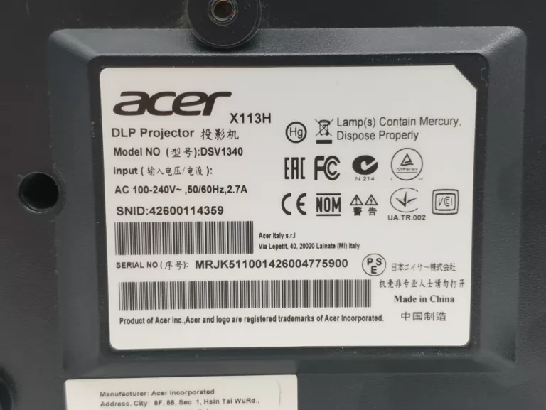 PROJEKTOR RZUTNIK ACER X113H DLP SVGA HDMI D-SUB