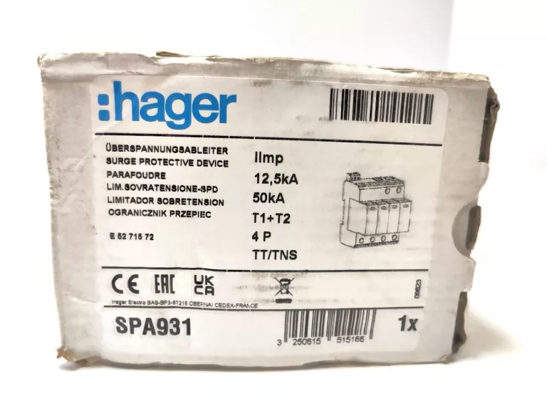 OGRANICZNIK PRZEPIĘĆ HAGER T1+T2 TN-S/TT 50KA SPA931