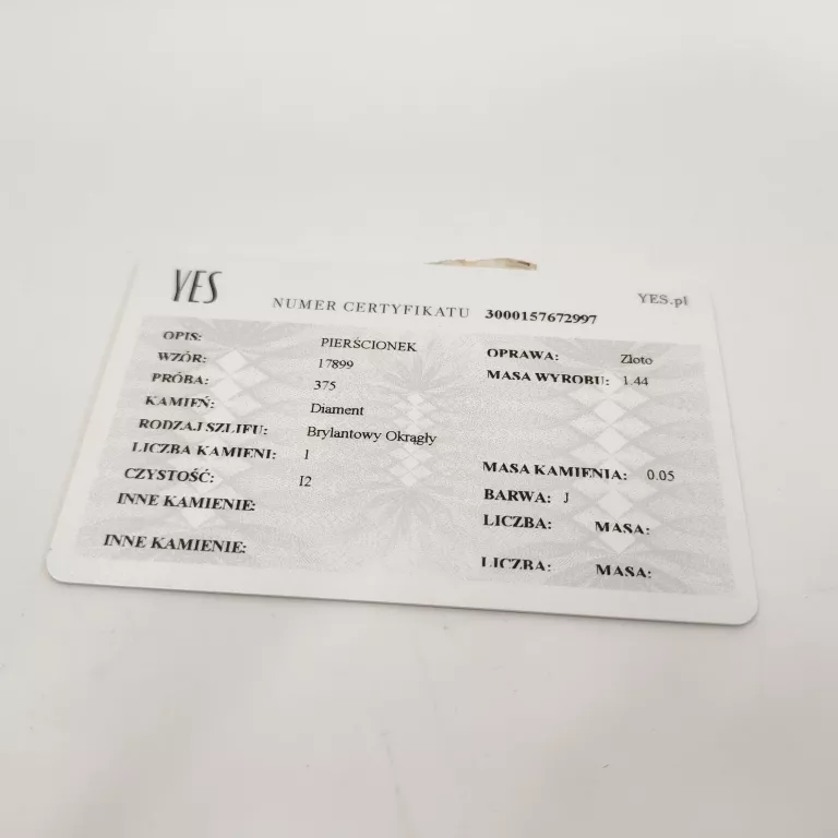 ZŁOTY  PIERŚCIONEK YES MODEL 17899 CERTYFIKAT