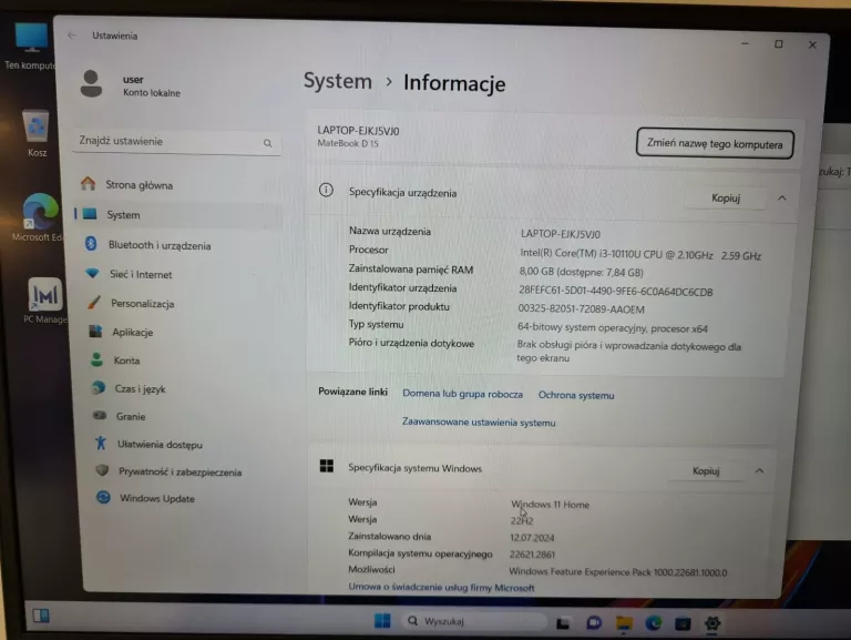 LAPTOP HUAWEI MATEBOOK D15 I3-10110U 8GB 256SSD