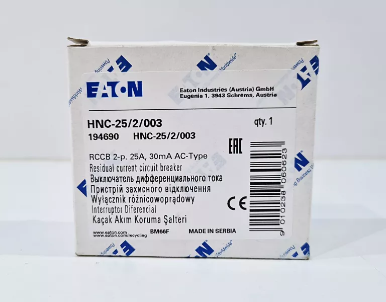 EATON WYŁĄCZNIK RÓŻNICOWOPRĄDOWY 2P 25A 30MA TYP AC HNC-25/2/003