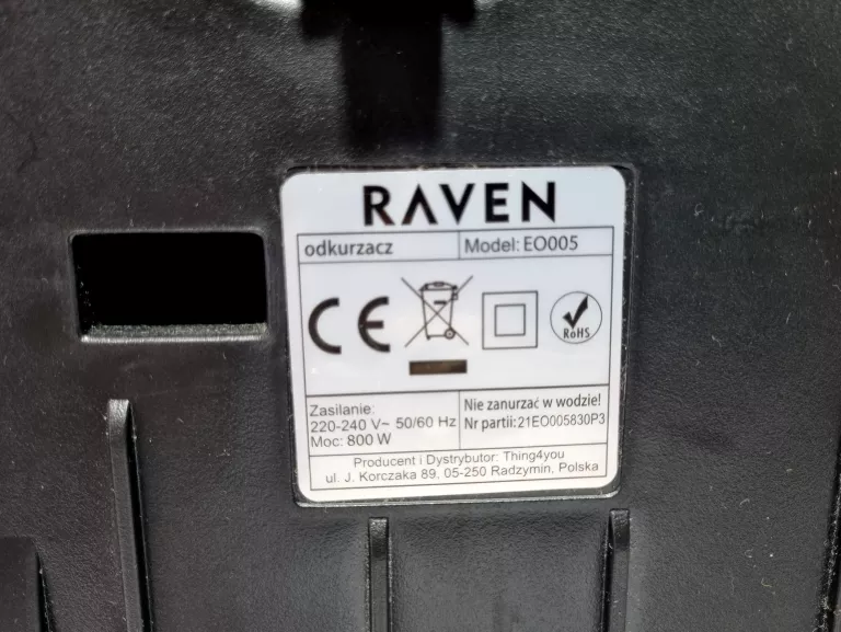 ODKURZACZ RAVEN EO005 800W BEZ WORKA