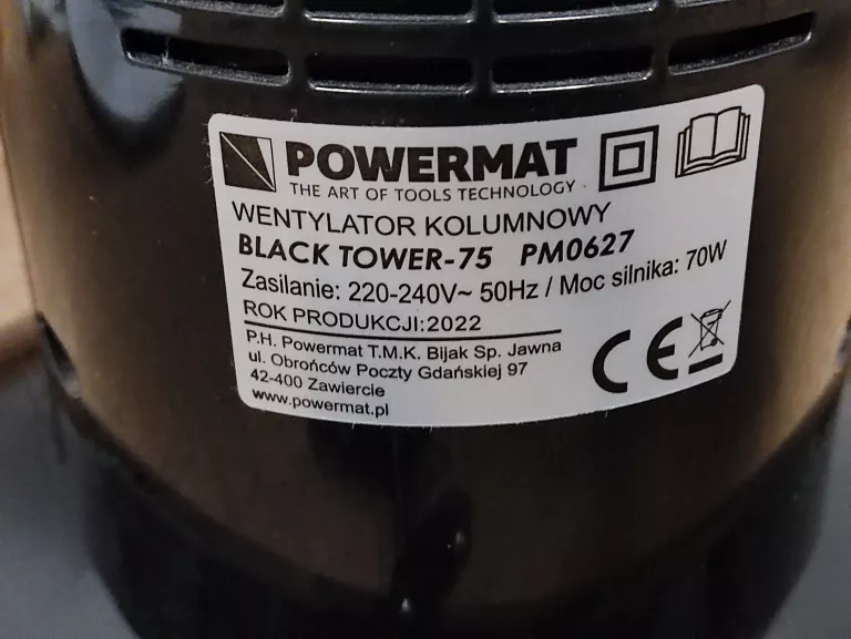 WENTYLATOR KOLUMNOWY STOJĄCY POWERMAT BLACK TOWER-75 PM0627 Z PILOTEM
