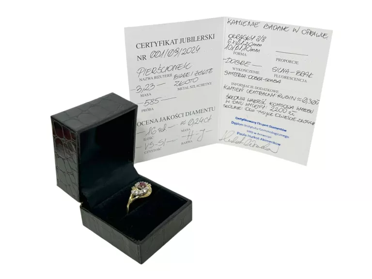 ZŁOTY PIERŚCIONEK RUBIN Z DIAMENTAMI 0,24CT 585 DIAMENT CERTYFIKAT